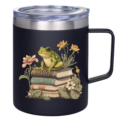 Cottagecore Aesthetic Frog Reading Book Mushroom Lover 12oz Stainless Steel Coffee Mug