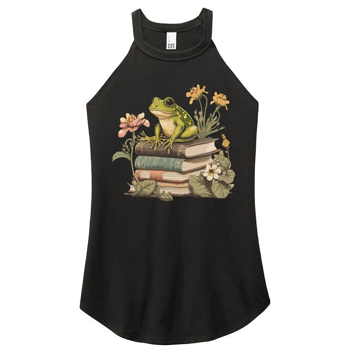 Cottagecore Aesthetic Frog Reading Book Mushroom Lover Women's Perfect Tri Rocker Tank