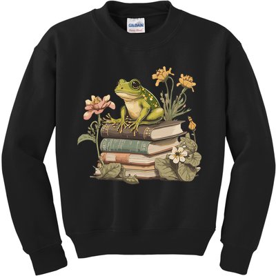 Cottagecore Aesthetic Frog Reading Book Mushroom Lover Kids Sweatshirt