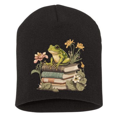 Cottagecore Aesthetic Frog Reading Book Mushroom Lover Short Acrylic Beanie