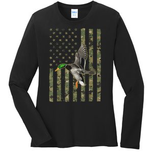 Camo American Flag Duck Hunting Goose Hunt Duck Hunter Gift Ladies Long Sleeve Shirt