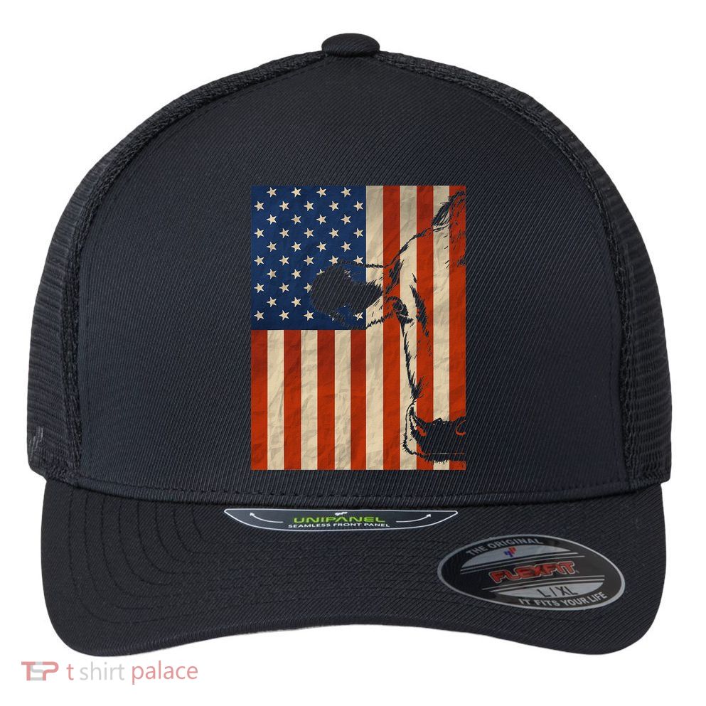 Cow American Flag Cattle Animal Lover Patriotic Gift Flexfit Unipanel Trucker Cap