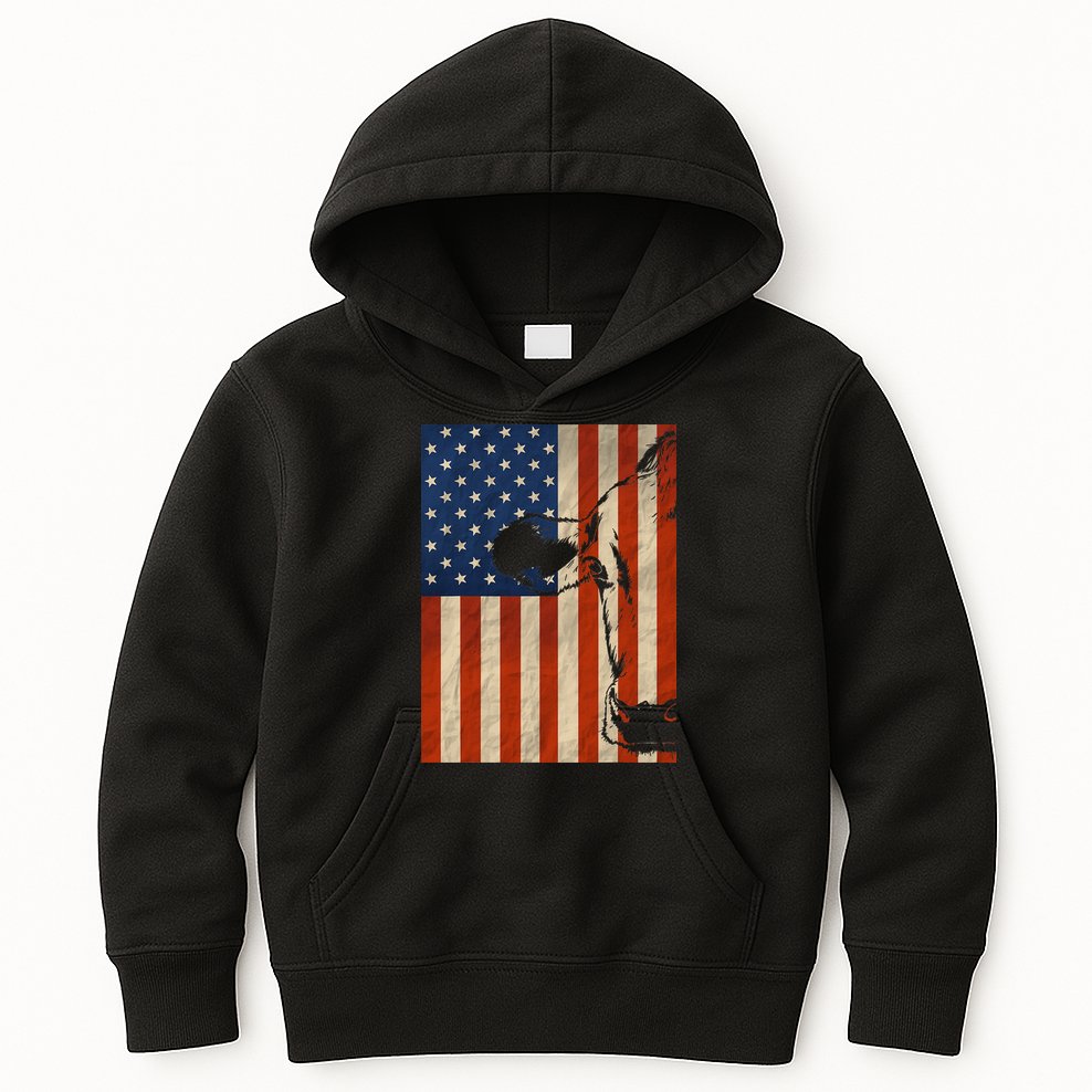 Cow American Flag Cattle Animal Lover Patriotic Gift Kids Hoodie