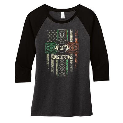 Cross America Flag Green White Orange Irish Pride Women's Tri-Blend 3/4-Sleeve Raglan Shirt