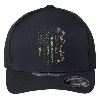 Camo American Flag Bowhunting Bow Archery Deer Hunting Gift Flexfit Unipanel Trucker Cap