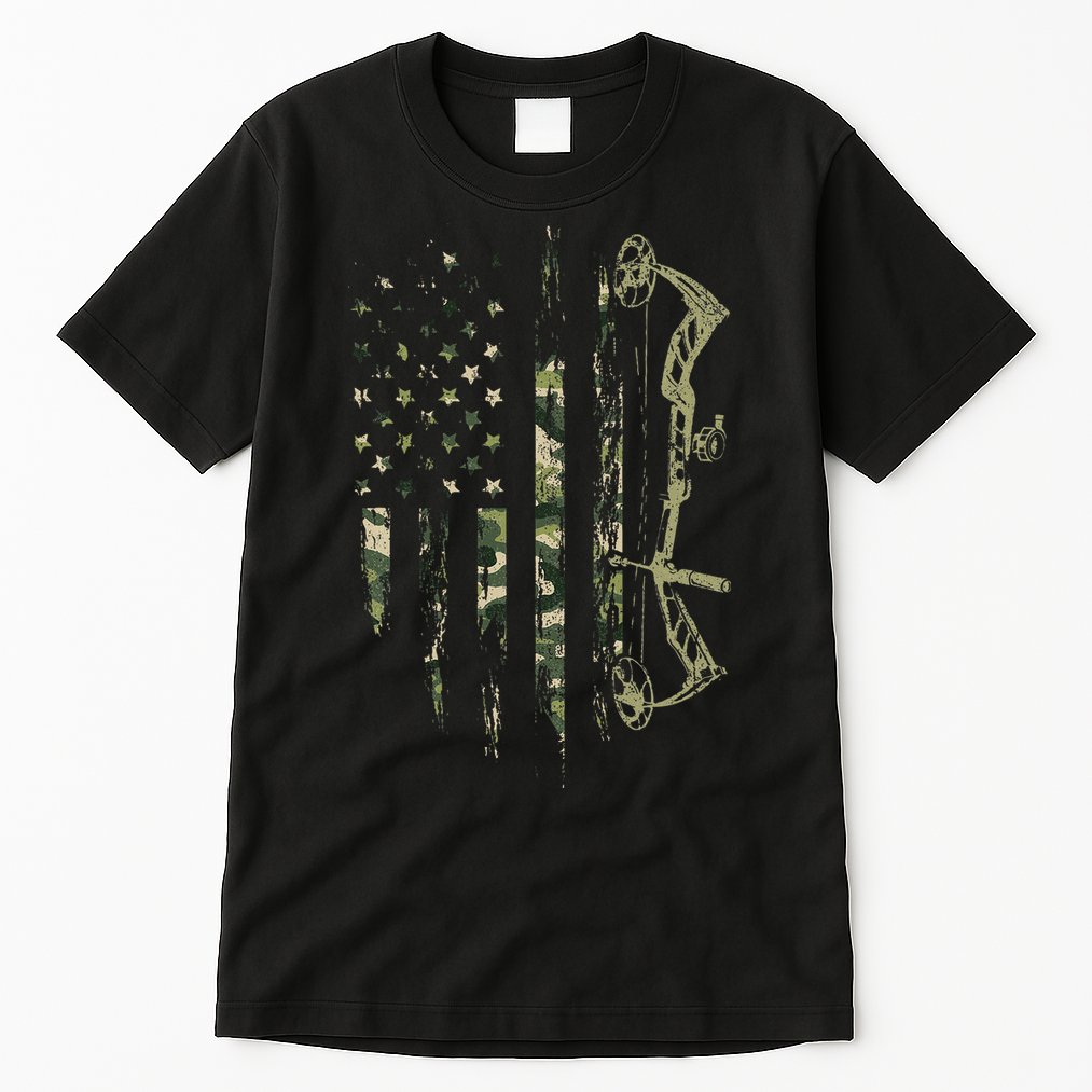 Camo American Flag Bowhunting Bow Archery Deer Hunting Gift Tall T-Shirt