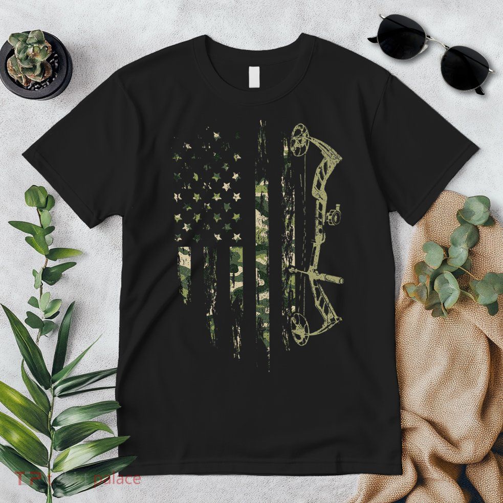 Camo American Flag Bowhunting Bow Archery Deer Hunting Gift Premium T-Shirt