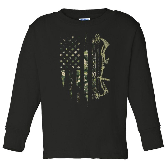 Camo American Flag Bowhunting Bow Archery Deer Hunting Gift Toddler Long Sleeve Shirt