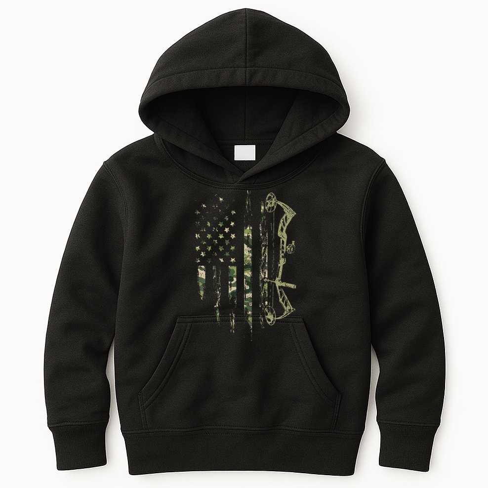 Camo American Flag Bowhunting Bow Archery Deer Hunting Gift Kids Hoodie