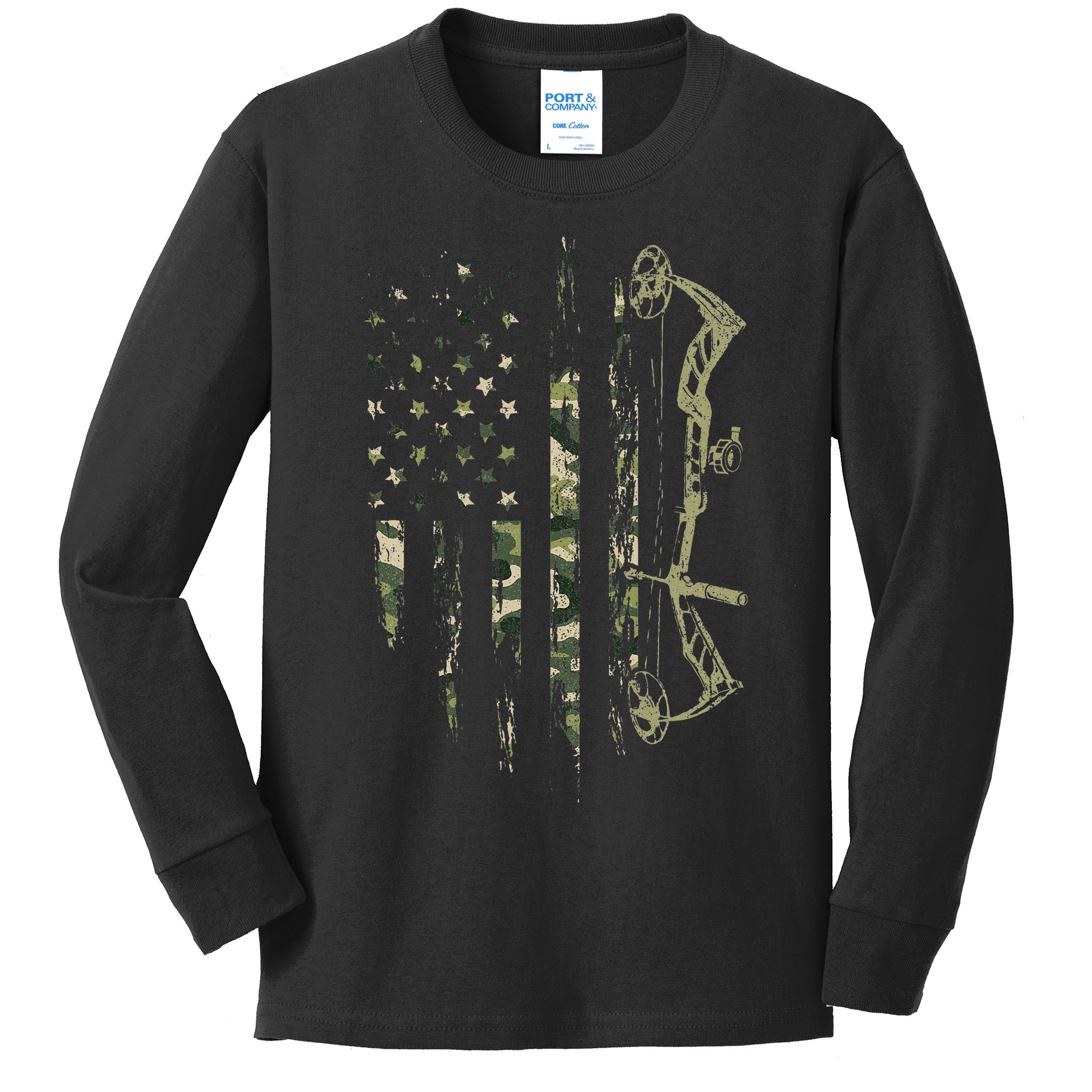 Camo American Flag Bowhunting Bow Archery Deer Hunting Gift Kids Long Sleeve Shirt
