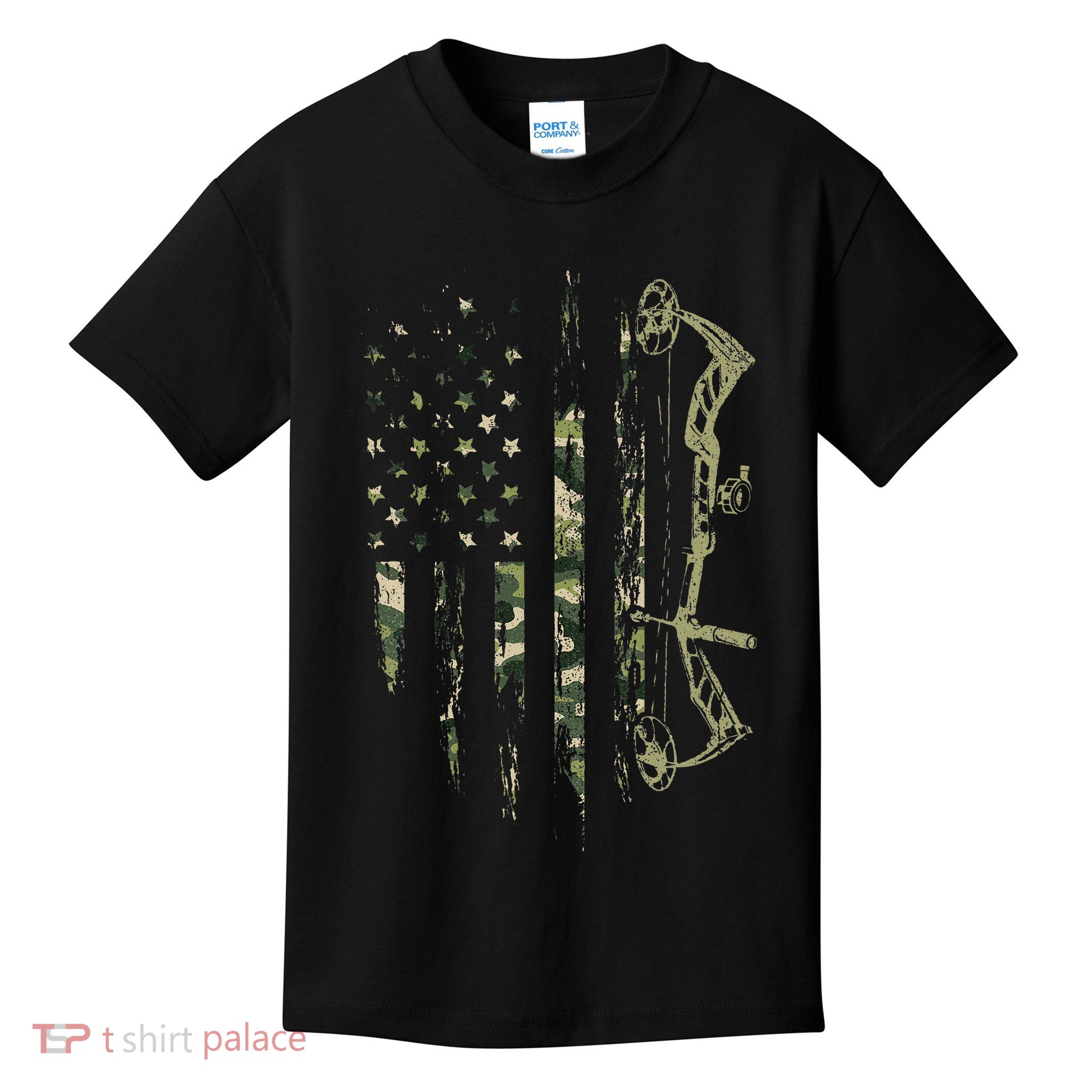 Camo American Flag Bowhunting Bow Archery Deer Hunting Gift Kids T-Shirt