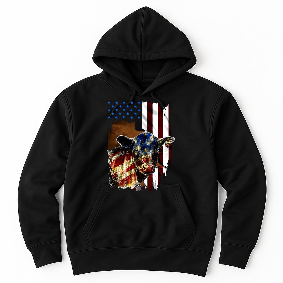 Cow American Flag Heifer Us 4th Of July Farm Cattle Usa Gift Hoodie