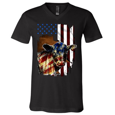 Cow American Flag Heifer Us 4th Of July Farm Cattle Usa Gift V-Neck T-Shirt