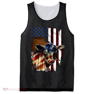 Cow American Flag Heifer Us 4th Of July Farm Cattle Usa Gift Mesh Reversible Basketball Jersey Tank