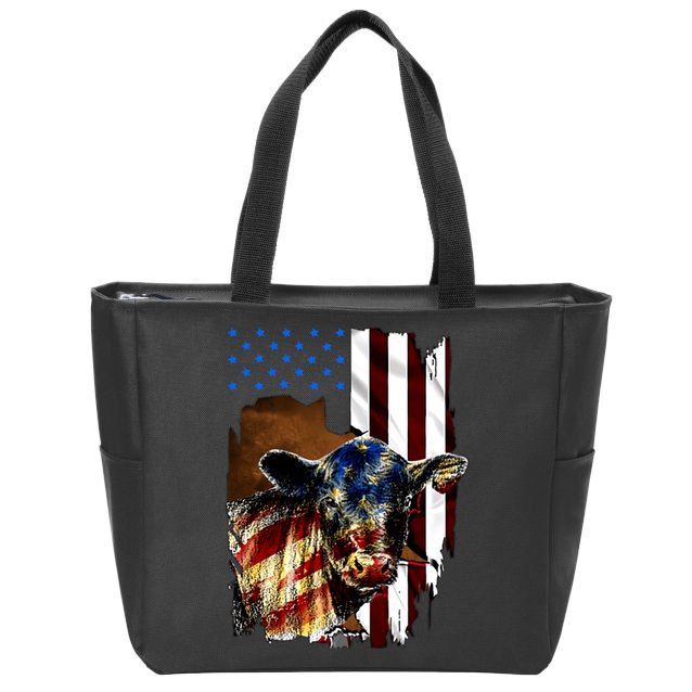 Cow American Flag Heifer Us 4th Of July Farm Cattle Usa Gift Zip Tote Bag