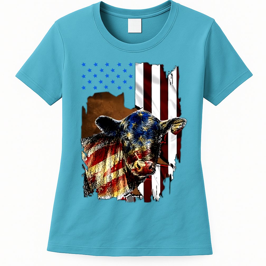 Cow American Flag Heifer Us 4th Of July Farm Cattle Usa Gift Womens T-Shirt