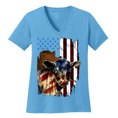Cow American Flag Heifer Us 4th Of July Farm Cattle Usa Gift Women's V-Neck T-Shirt