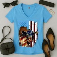 Cow American Flag Heifer Us 4th Of July Farm Cattle Usa Gift Women's V-Neck T-Shirt