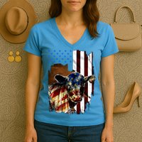 Cow American Flag Heifer Us 4th Of July Farm Cattle Usa Gift Women's V-Neck T-Shirt