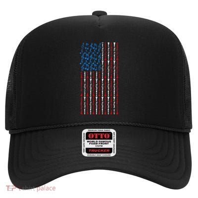 Clarinet American Flag 4th Of July Women Clarinetist Usa High Crown Mesh Back Trucker Hat