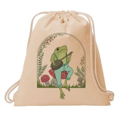 Cottagecore Aesthetic Frog Playing Banjo On Mushroom Cute Gift Drawstring Bag