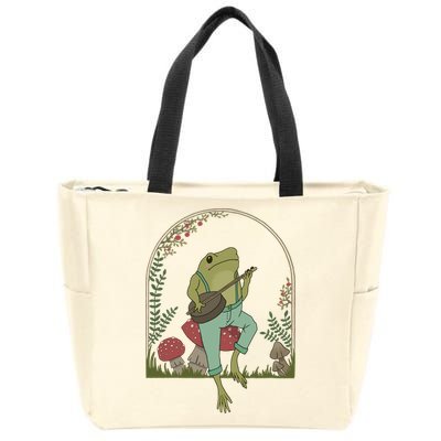 Cottagecore Aesthetic Frog Playing Banjo On Mushroom Cute Gift Zip Tote Bag
