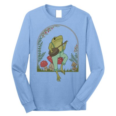 Cottagecore Aesthetic Frog Playing Banjo On Mushroom Cute Gift Long Sleeve Shirt