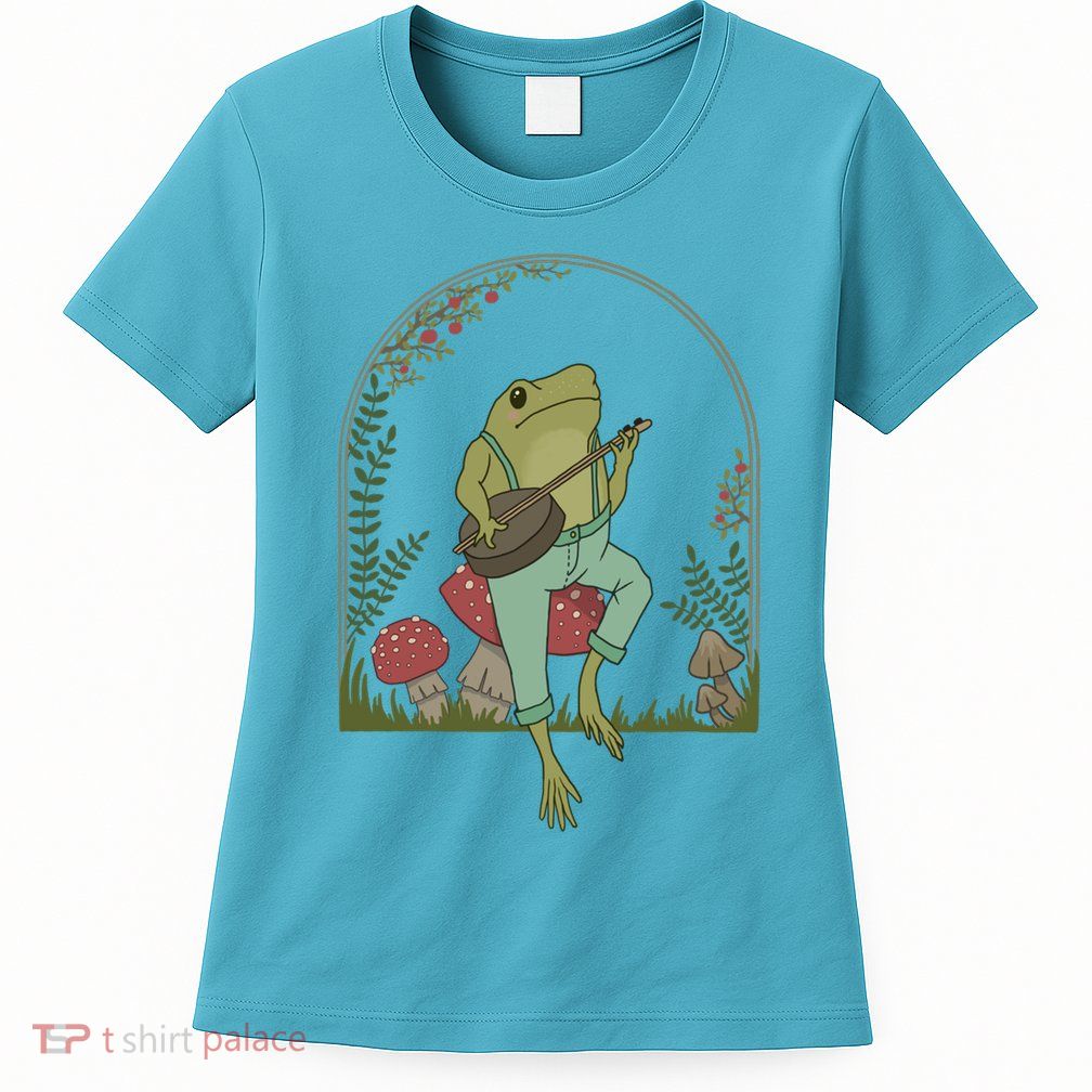 Cottagecore Aesthetic Frog Playing Banjo On Mushroom Cute Gift Womens T-Shirt