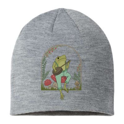 Cottagecore Aesthetic Frog Playing Banjo On Mushroom Cute Gift Sustainable Beanie