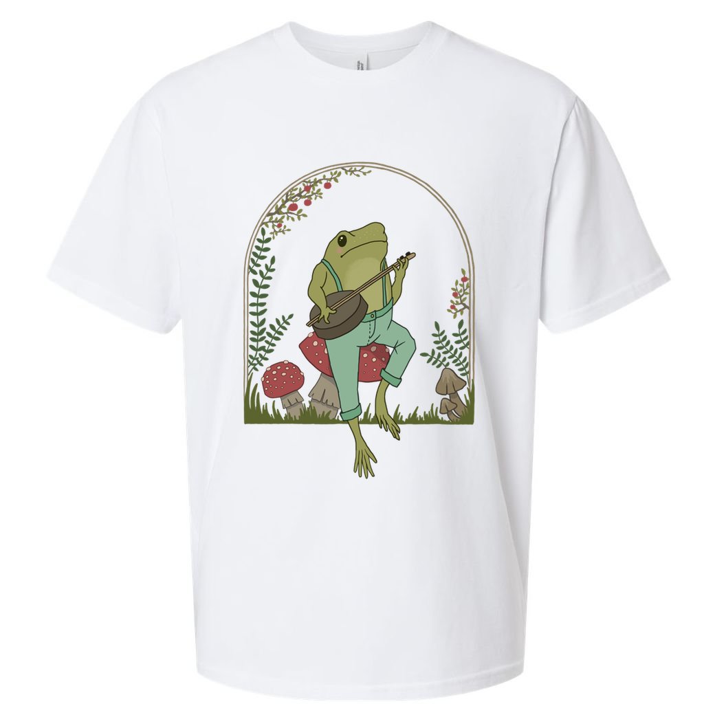Cottagecore Aesthetic Frog Playing Banjo On Mushroom Cute Gift Sueded Cloud Jersey T-Shirt