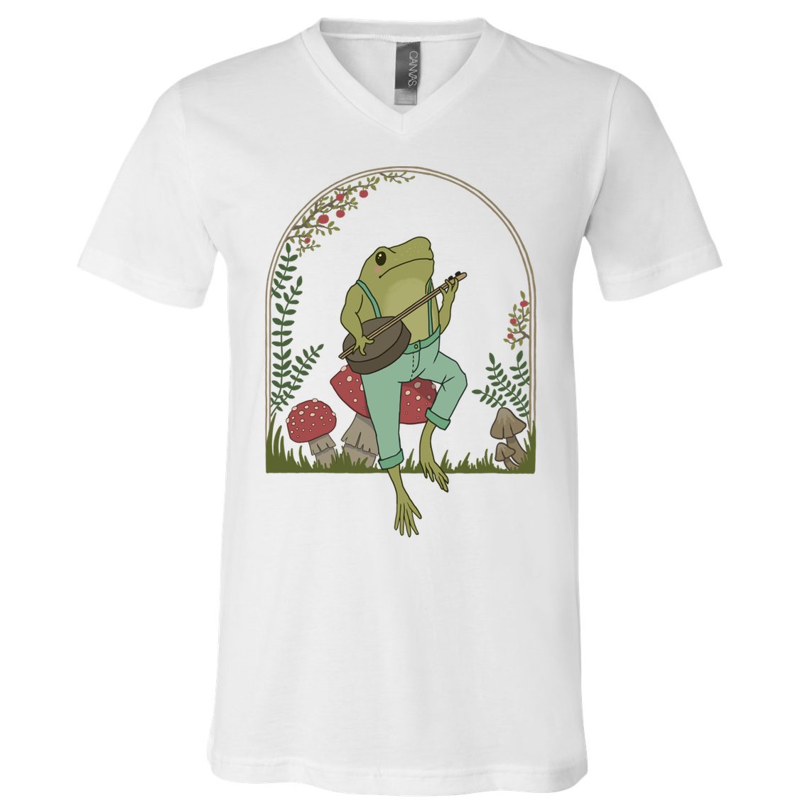 Cottagecore Aesthetic Frog Playing Banjo On Mushroom Cute Gift V-Neck T-Shirt
