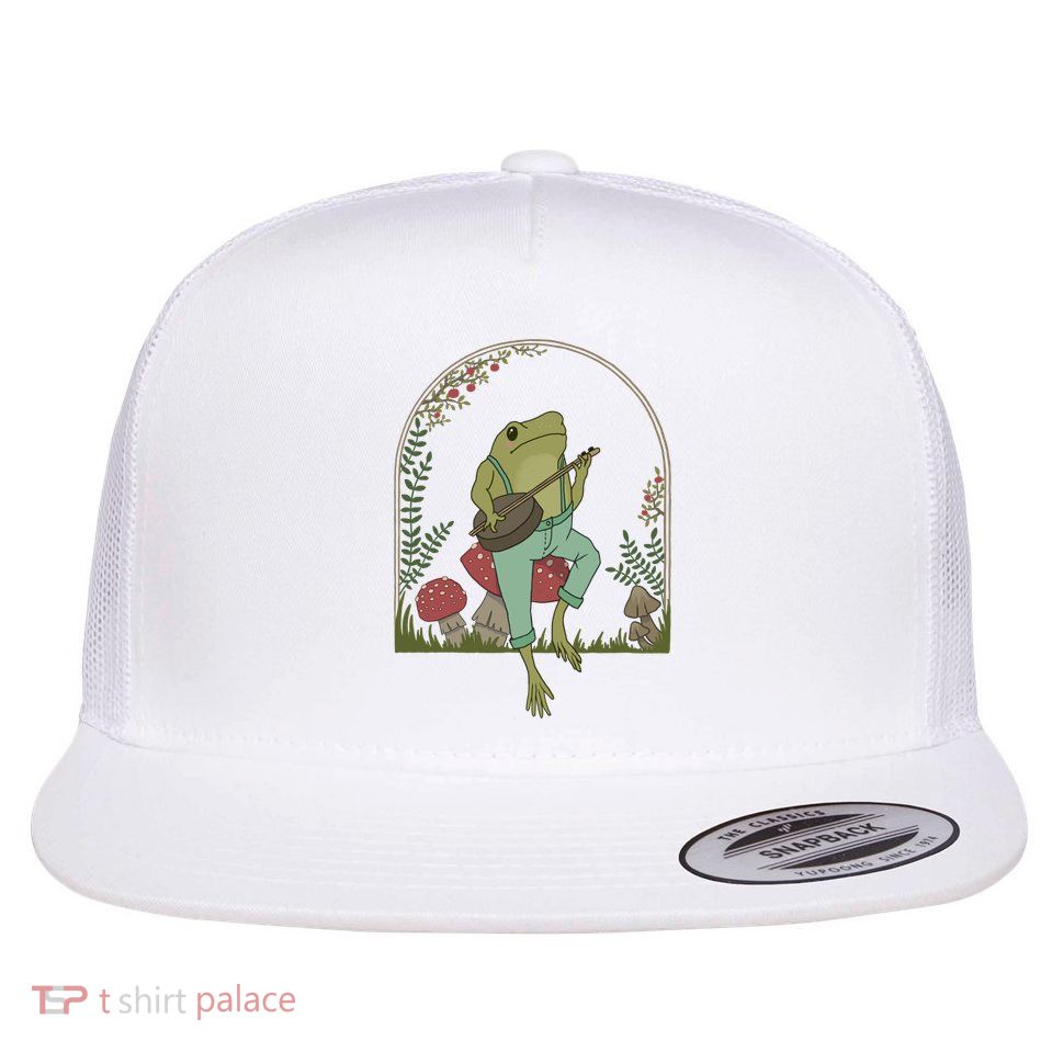 Cottagecore Aesthetic Frog Playing Banjo On Mushroom Cute Gift Flatbill Hat