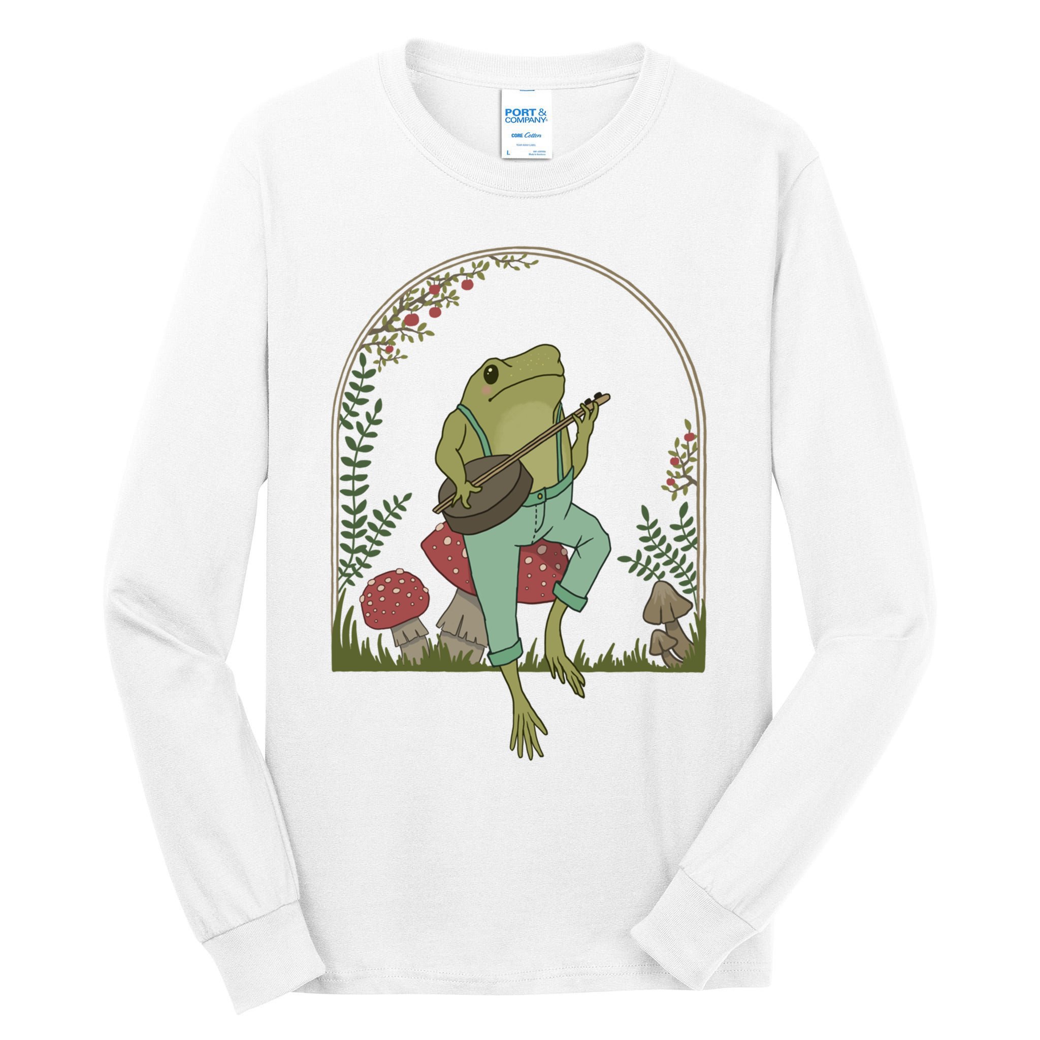 Cottagecore Aesthetic Frog Playing Banjo On Mushroom Cute Gift Tall Long Sleeve T-Shirt