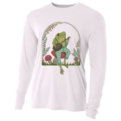 Cottagecore Aesthetic Frog Playing Banjo On Mushroom Cute Gift Cooling Performance Long Sleeve Crew