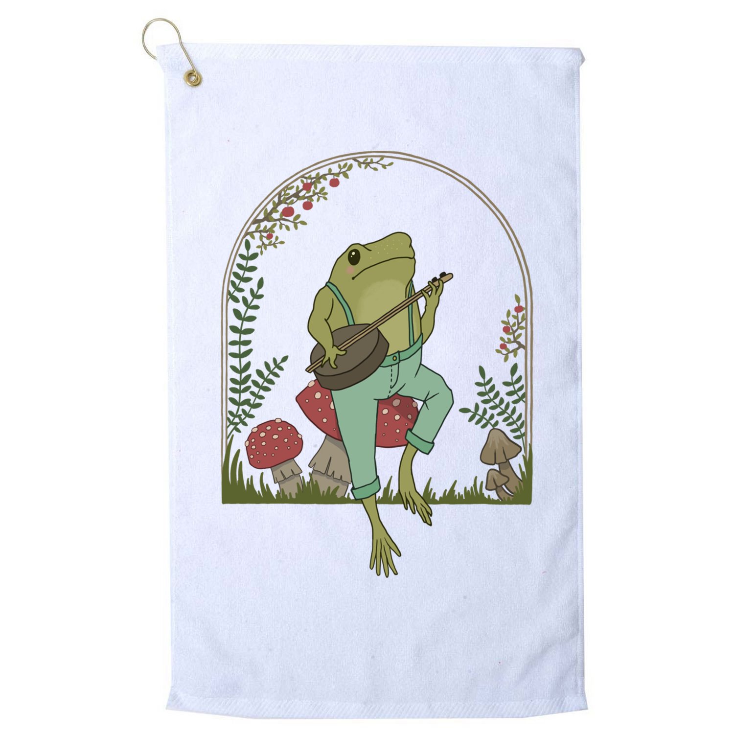Cottagecore Aesthetic Frog Playing Banjo On Mushroom Cute Gift Golf Towel