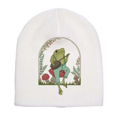 Cottagecore Aesthetic Frog Playing Banjo On Mushroom Cute Gift Short Acrylic Beanie