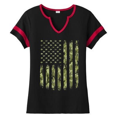 Camo American Flag Desert Green Camouflage Tactical Military Ladies Halftime Notch Neck Tee