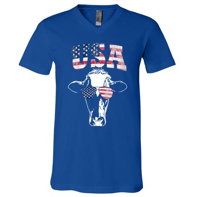 Cow American Flag Cool Funny 4th Of July Usa America Gift V-Neck T-Shirt