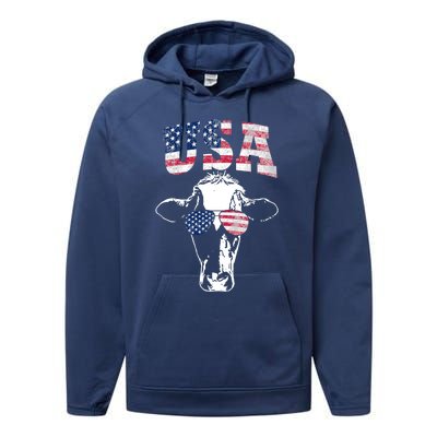 Cow American Flag Cool Funny 4th Of July Usa America Gift Performance Fleece Hoodie