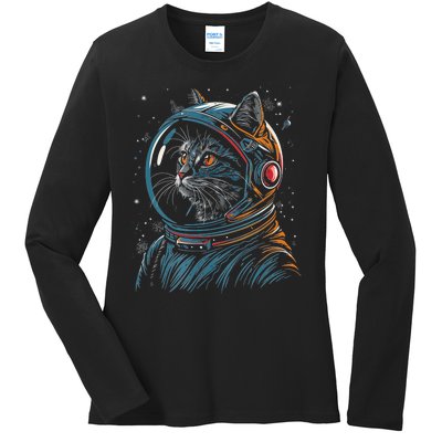 Cat Astronaut Funny Animal Design Ladies Long Sleeve Shirt