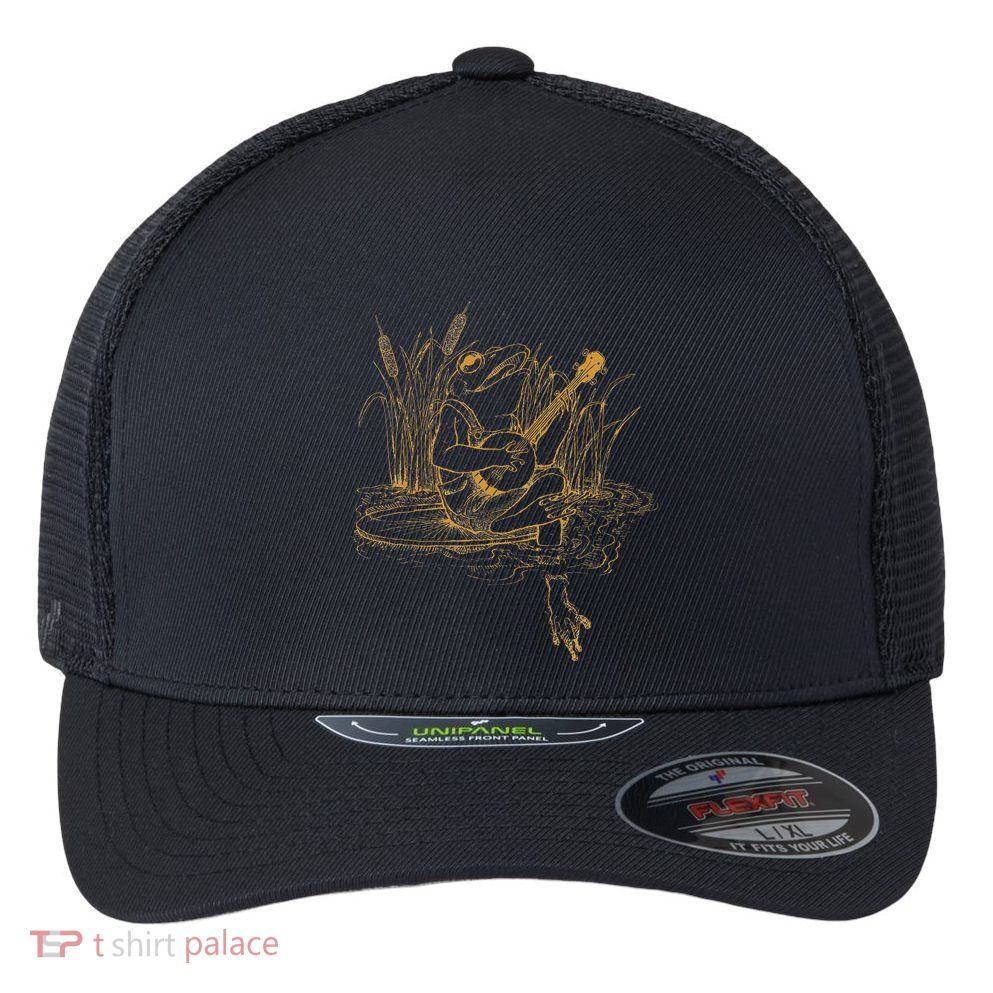 Cottagecore Aesthetic Frog Playing Banjo Cute Flexfit Unipanel Trucker Cap