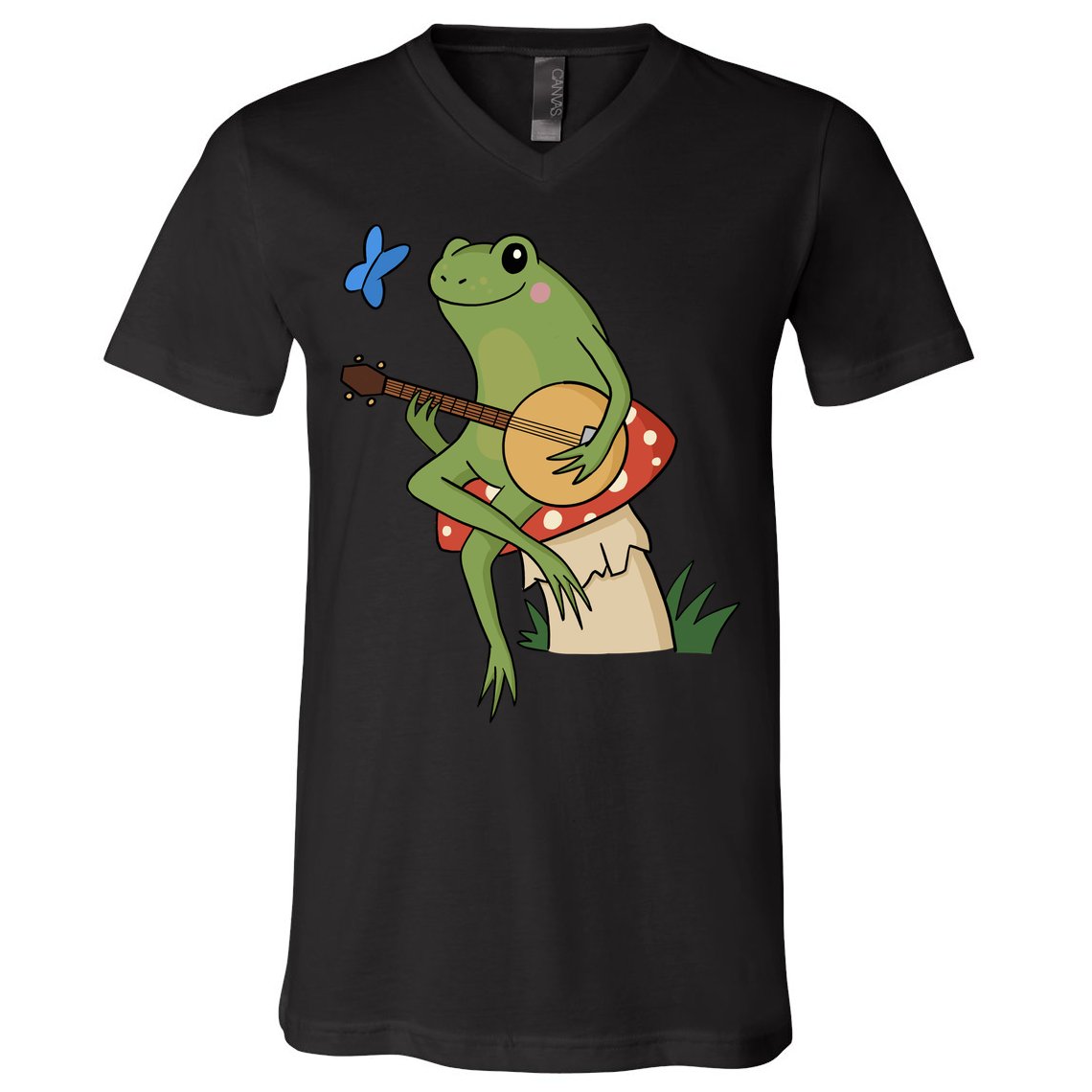 Cottagecore Aesthetic Frog Banjo V-Neck T-Shirt