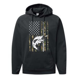 Camouflage American Flag Bass Fishing Gift Fisherman Performance Fleece Hoodie