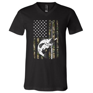 Camouflage American Flag Bass Fishing Gift Fisherman V-Neck T-Shirt