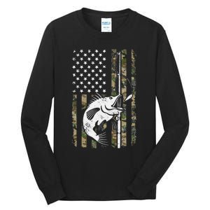 Camouflage American Flag Bass Fishing Gift Fisherman Tall Long Sleeve T-Shirt