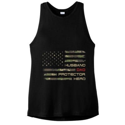 Camouflage American Flag Husband Dad Protector Hero Father Ladies PosiCharge Tri-Blend Wicking Tank