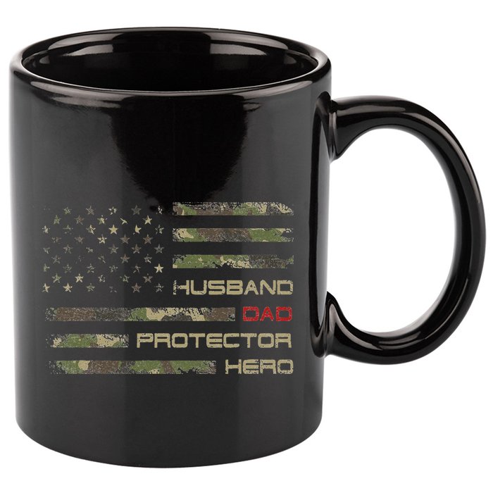 Camouflage American Flag Husband Dad Protector Hero Father 11oz C Handle Ceramic Mug
