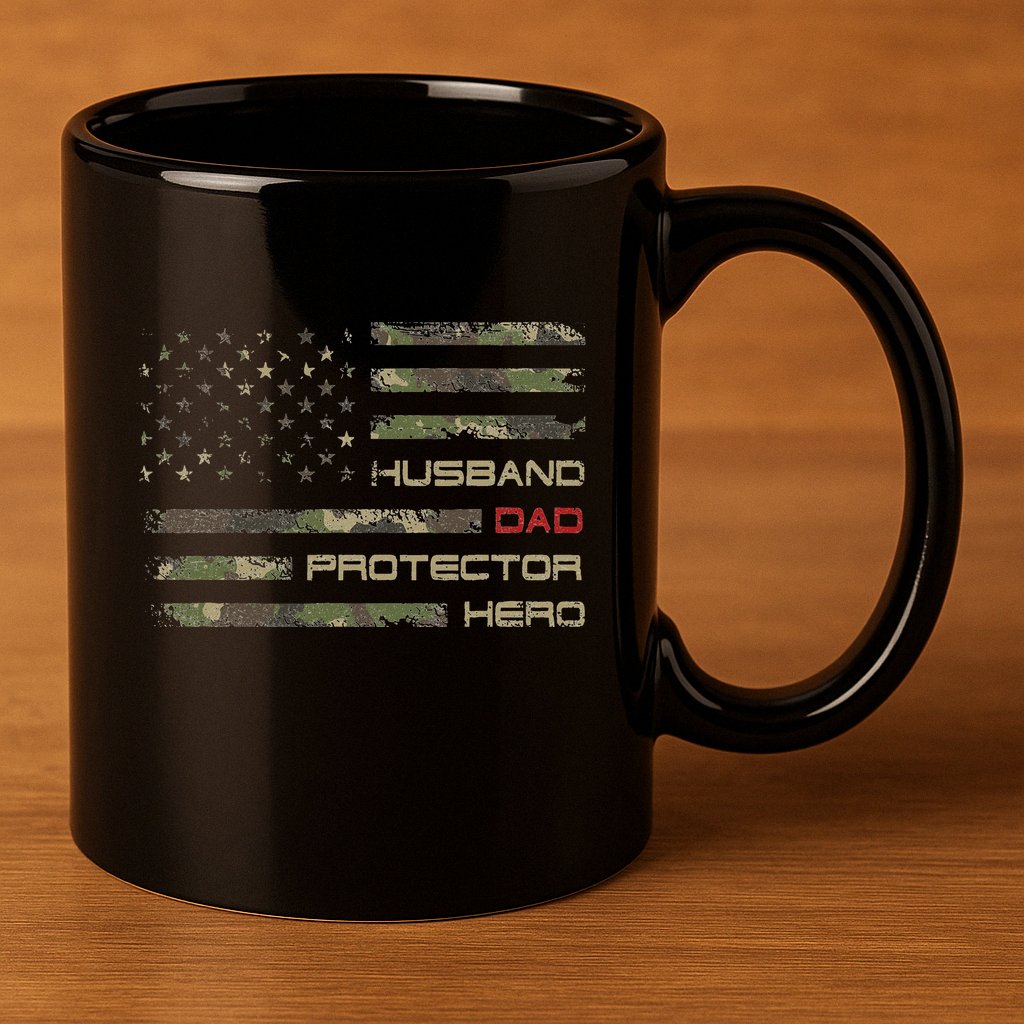 Camouflage American Flag Husband Dad Protector Hero Father 11oz C Handle Ceramic Mug