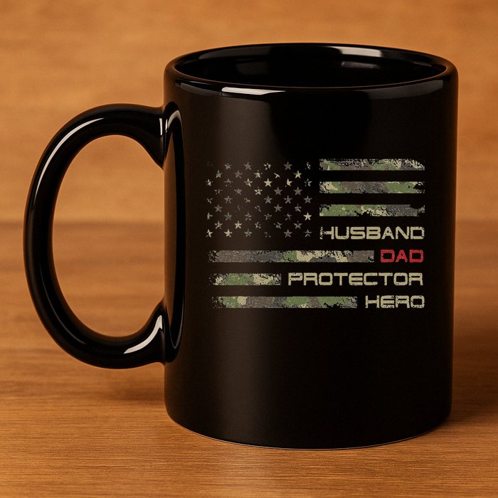 Camouflage American Flag Husband Dad Protector Hero Father 11oz C Handle Ceramic Mug