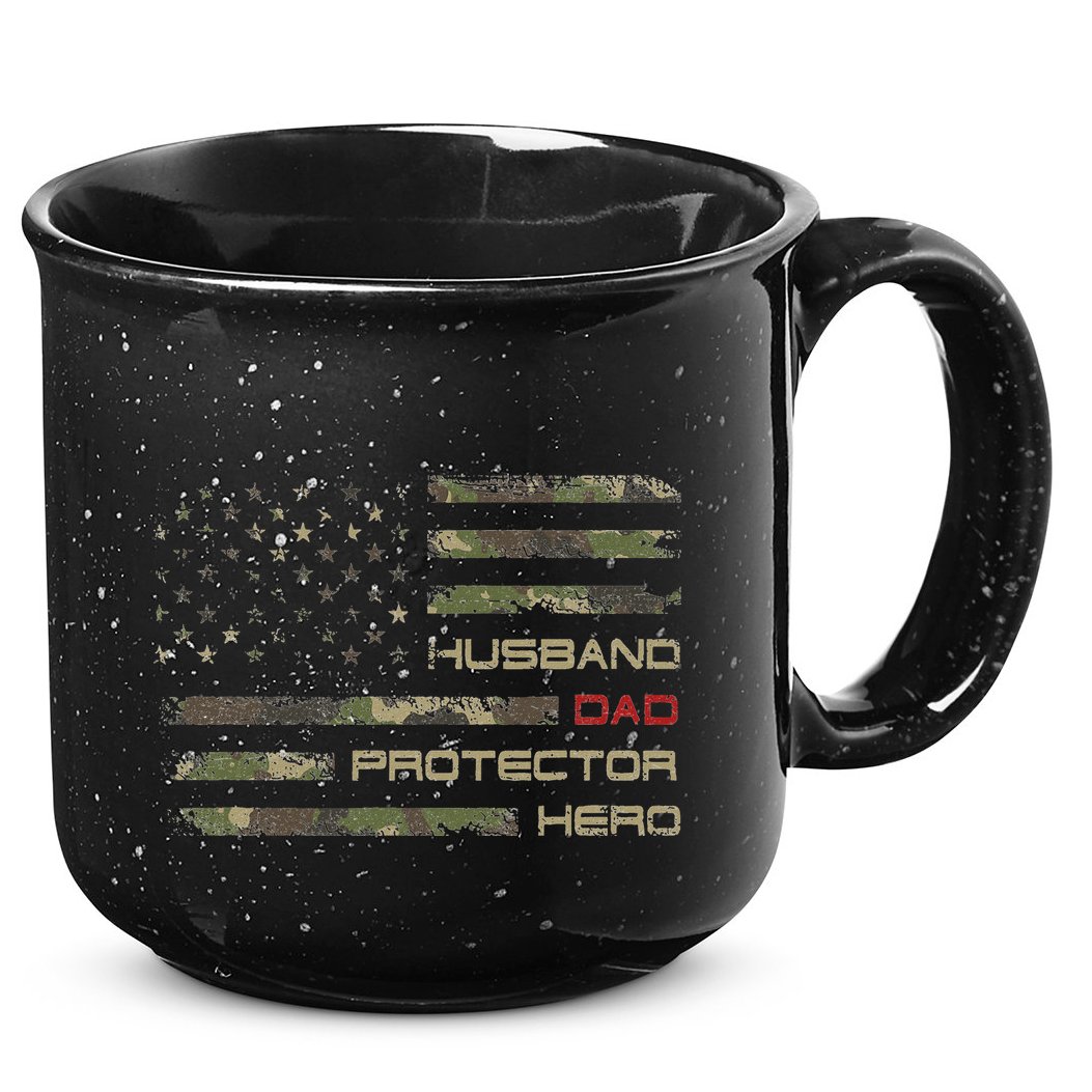 Camouflage American Flag Husband Dad Protector Hero Father 15oz Campfire Ceramic Mug